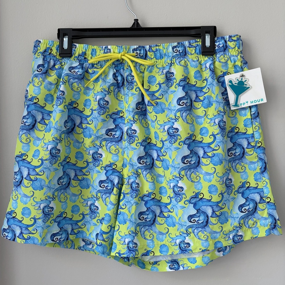 NWT HAPPY HOUR Sz XL Blue and Green Patterned Swim Shorts Pockets  Beach